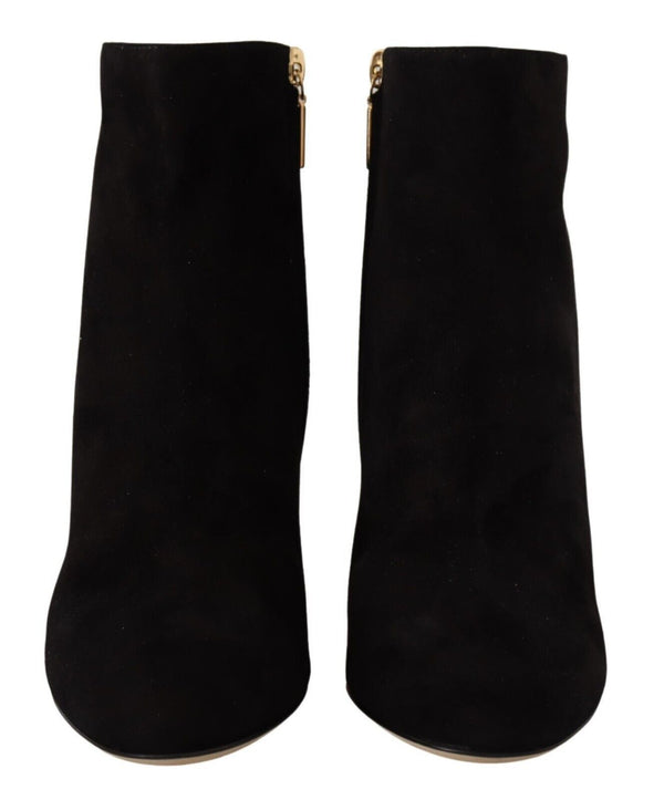 Black Suede Leather Crystal Heels Boots Shoes