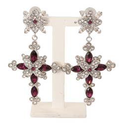 Silver Brass Purple Crystals Cross Clip On Drop Earrings