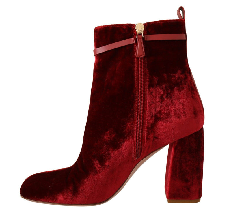 Red Leather Suede Block Heels Boots Shoes