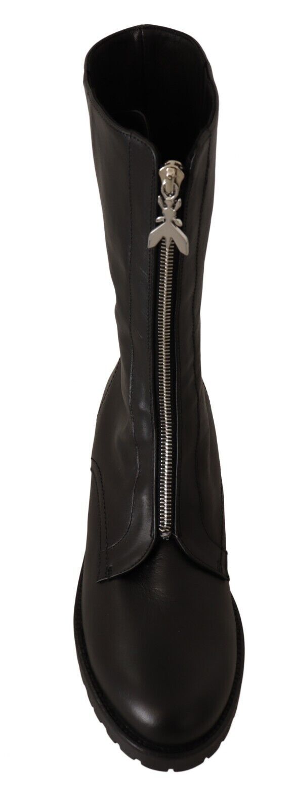 Black Leather High Boots Front Zip Closure Shoes