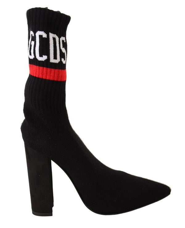 Black Suede Logo Socks Block Heel Ankle Boots Shoes