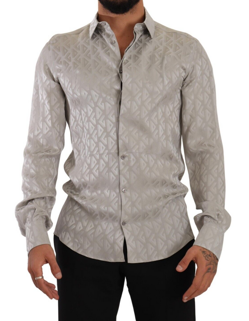 Metallic Silver GOLD Silk Slim Fit Logo Shirt