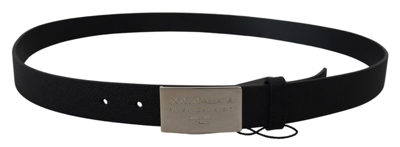 Black Leather Silver Tone Rectangle Buckle Belt