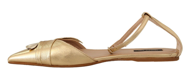 Gold Leather Ankle Strap Flats Sandals Shoes