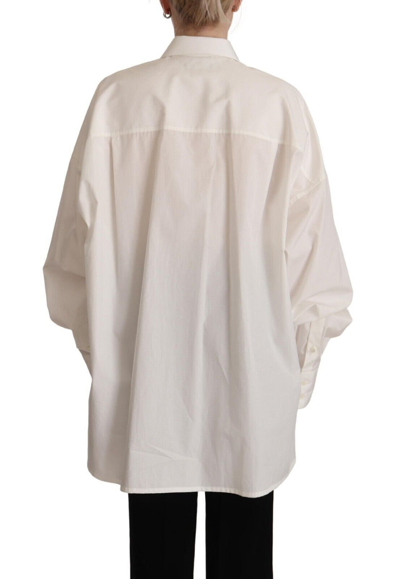 White Cotton Button Up Collared Long Sleeve Top