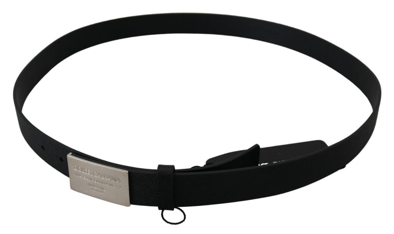 Black Leather Silver Tone Rectangle Buckle Belt