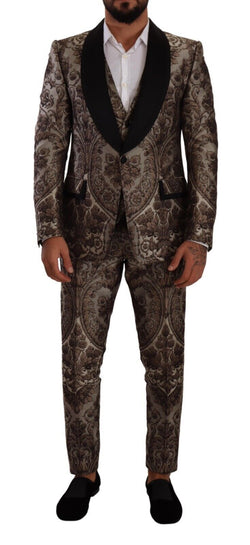 Brown Jacquard Slim Fit Breasted 3 Piece Suit