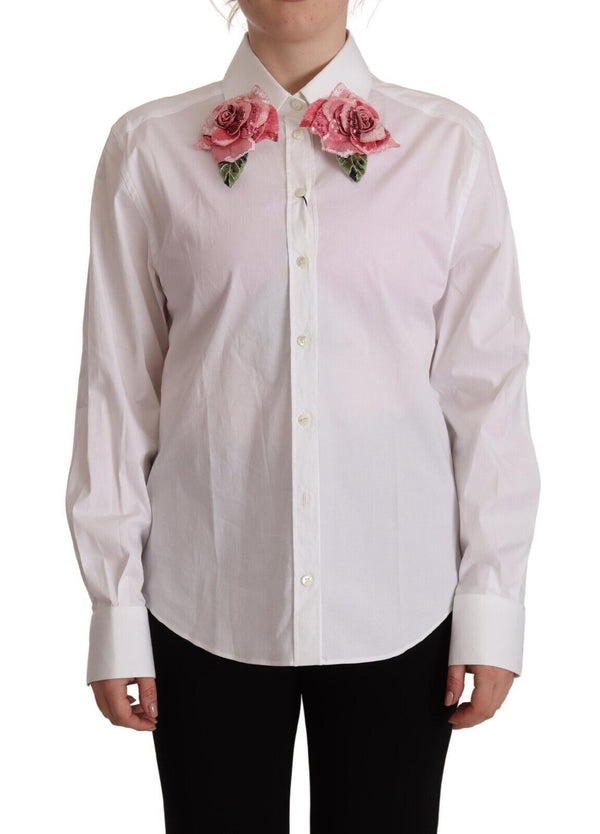 White Cotton Button Up Collared Floral Sequin Top