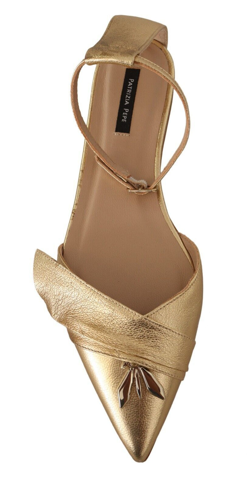 Gold Leather Ankle Strap Flats Sandals Shoes