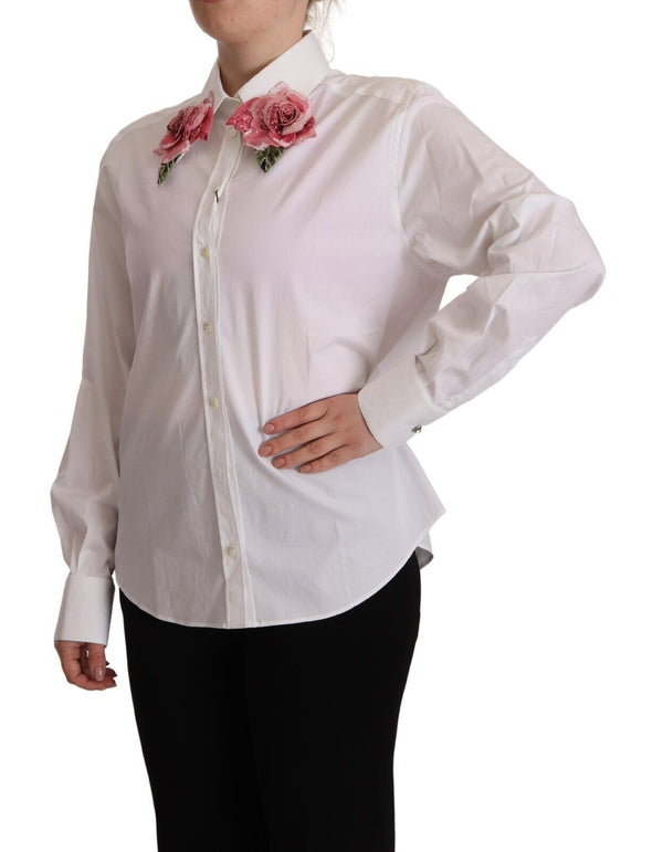 White Cotton Button Up Collared Floral Sequin Top