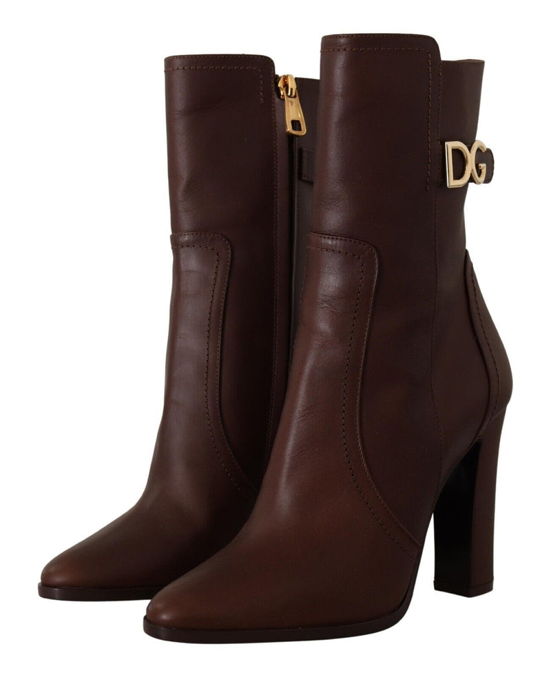 Toffee Leather Logo Heels Mid Calf Short Boots Shoes