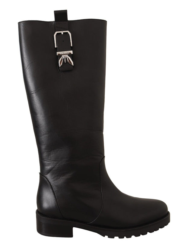 Black Leather Side Zip Closure High Boots Shoes