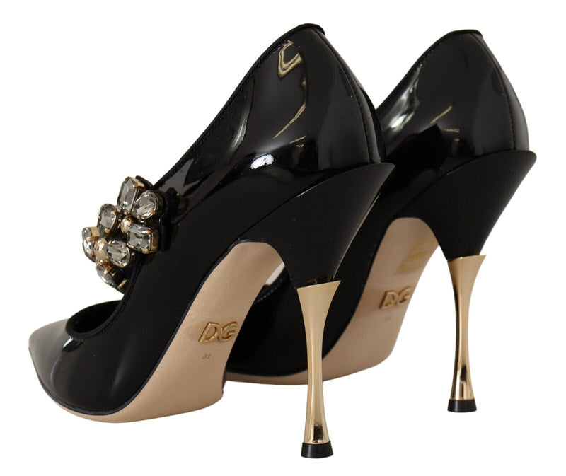 Black Leather Crystal Heels Pumps Shoes