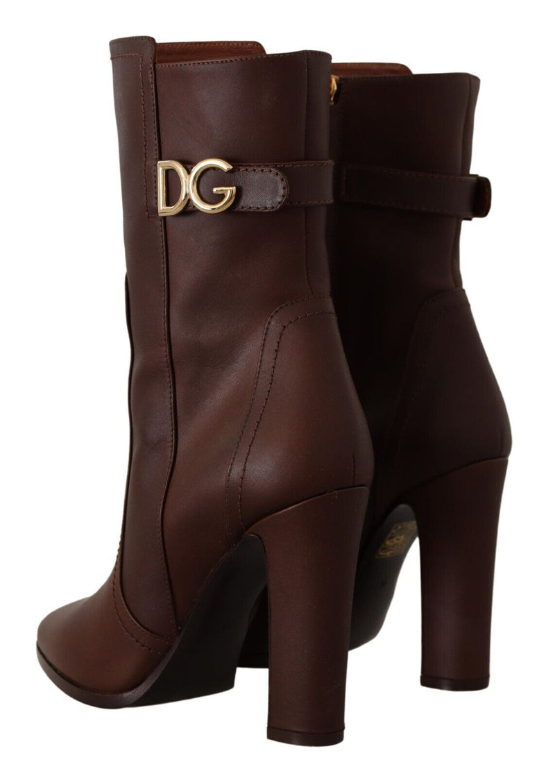 Toffee Leather Logo Heels Mid Calf Short Boots Shoes