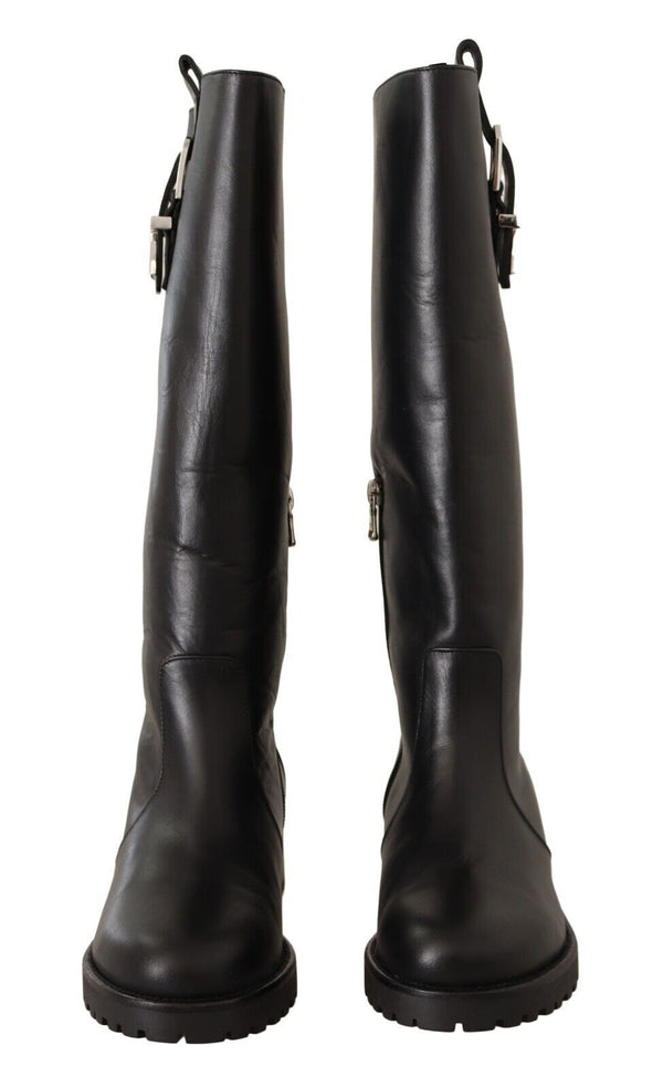 Black Leather Side Zip Closure High Boots Shoes