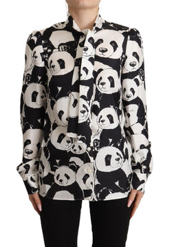 Black White Panda Print Silk Ascot Collar Top