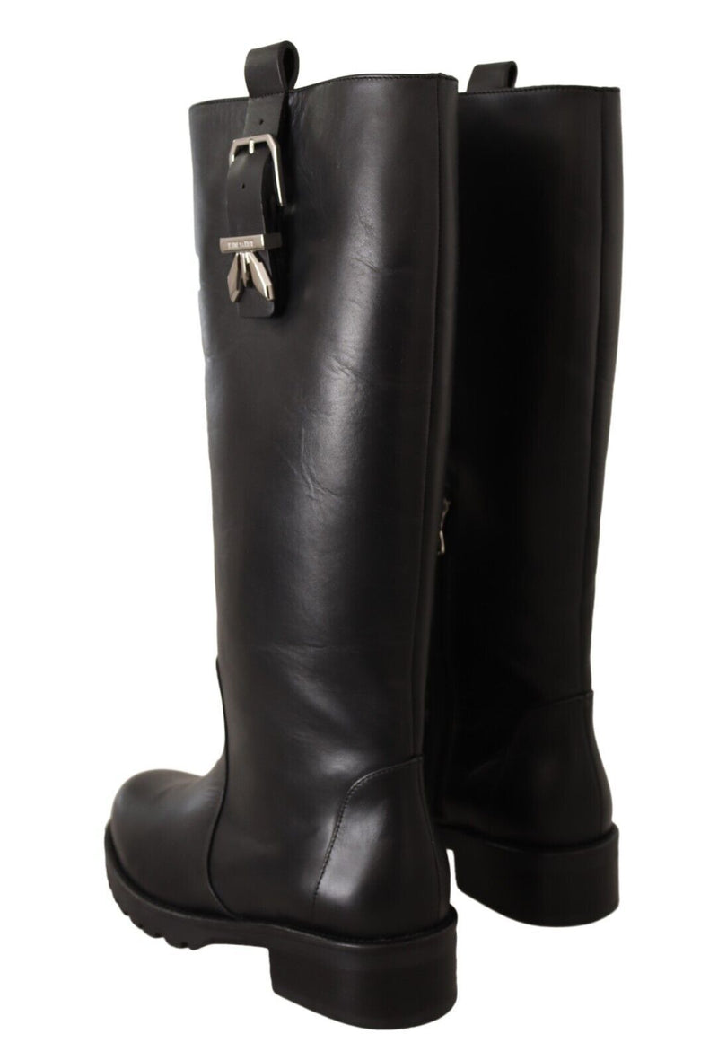 Black Leather Side Zip Closure High Boots Shoes