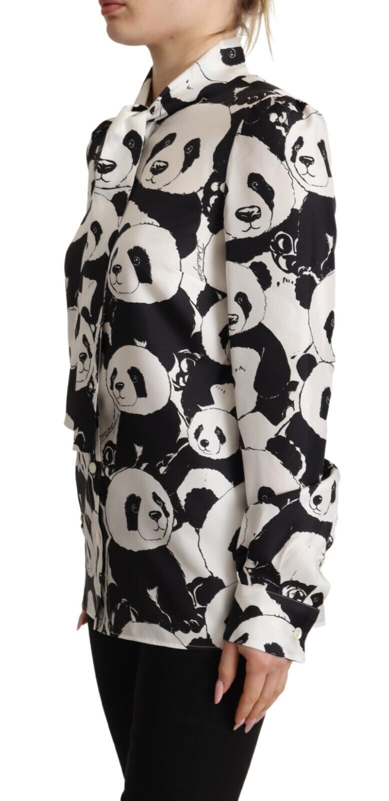 Black White Panda Print Silk Ascot Collar Top