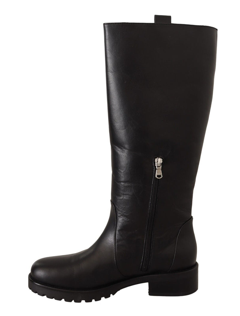 Black Leather Side Zip Closure High Boots Shoes