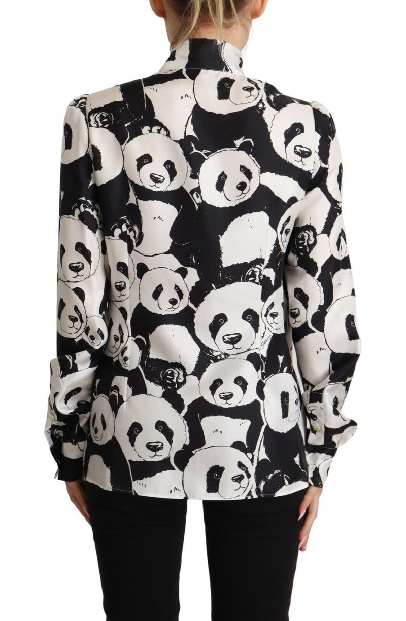 Black White Panda Print Silk Ascot Collar Top