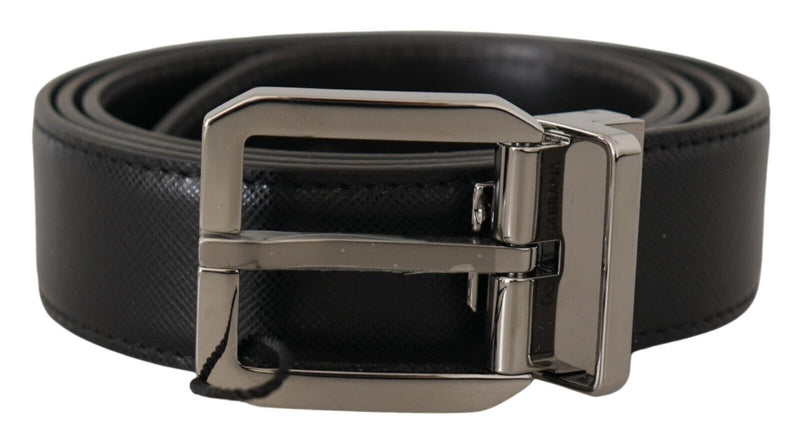 Black Calf Leather Logo Engraved Metal Buckle Belt