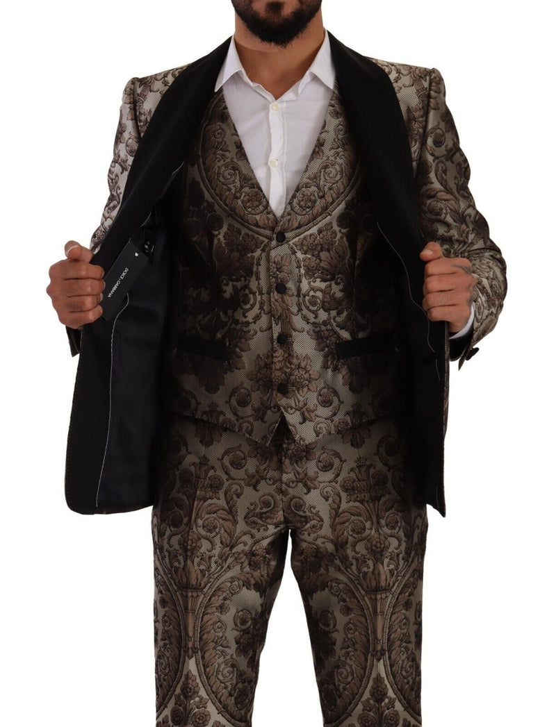 Brown Jacquard Slim Fit Breasted 3 Piece Suit