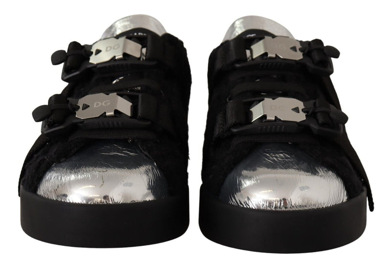 Silver Leather Black Shearling Sneakers Shoes