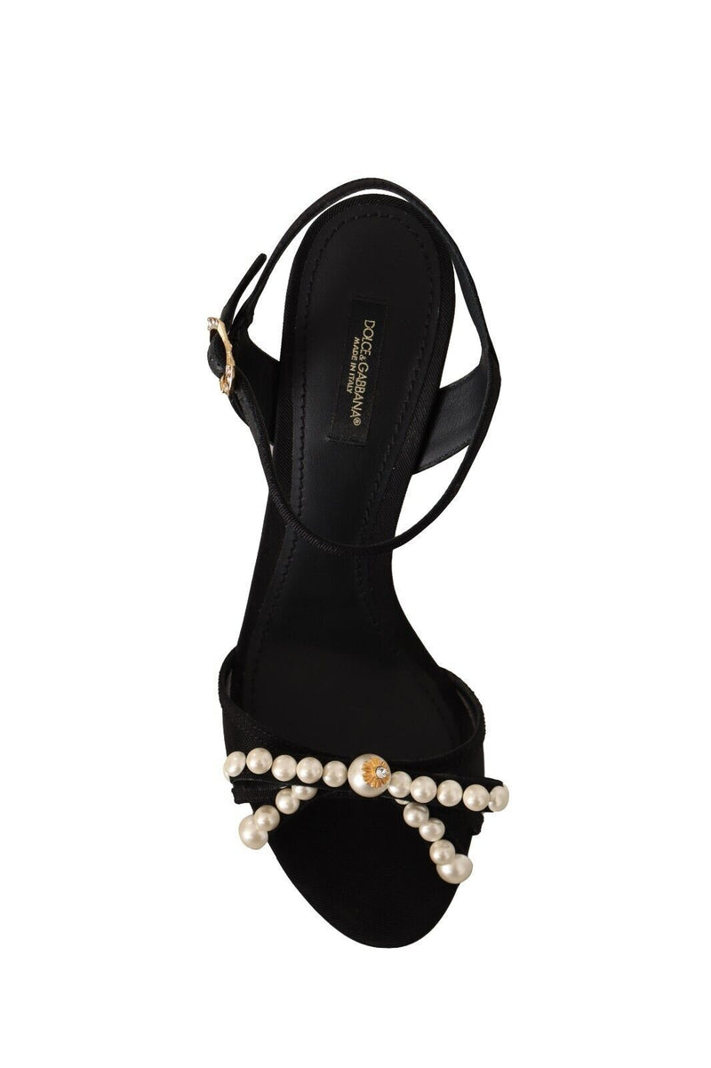 Black Keira Sandals Faux Pearl Ankle Strap Shoes