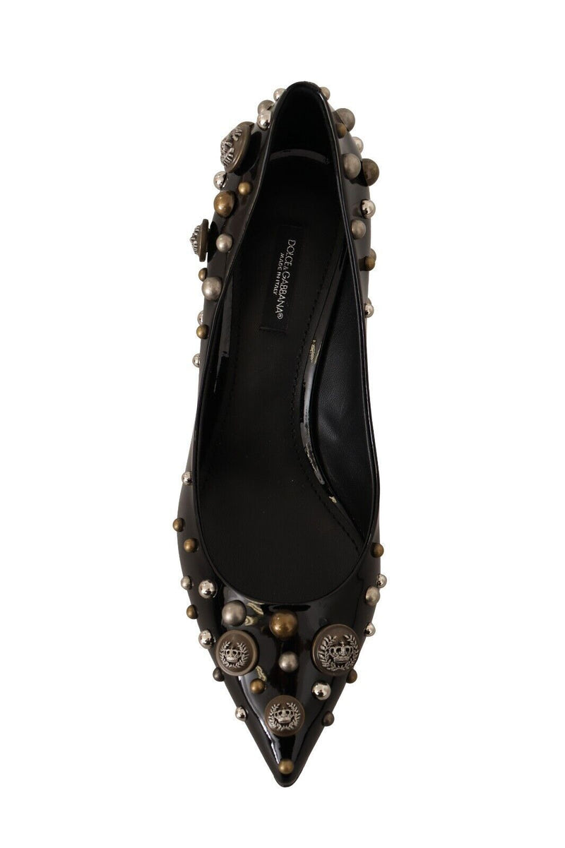 Black Ricamo Leather Studded Heels Pumps Shoes