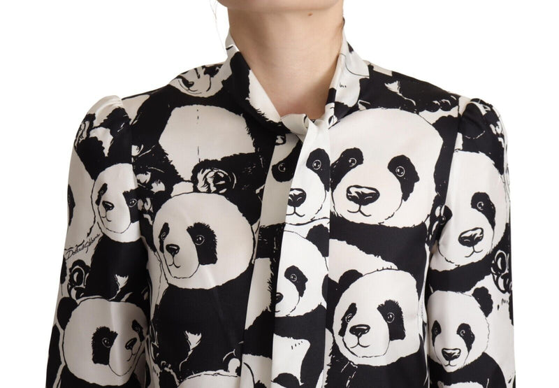 Black White Panda Print Silk Ascot Collar Top