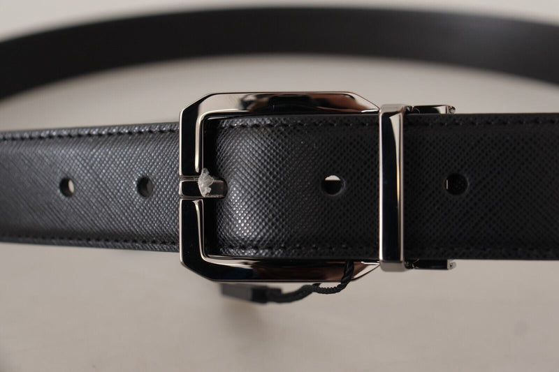 Black Calf Leather Logo Engraved Metal Buckle Belt