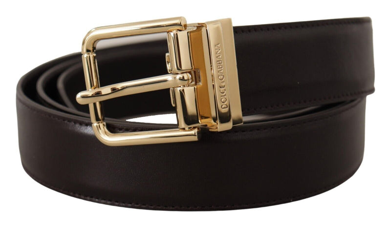 Dark Brown Leather Gold Tone Logo Metal Buckle Belt