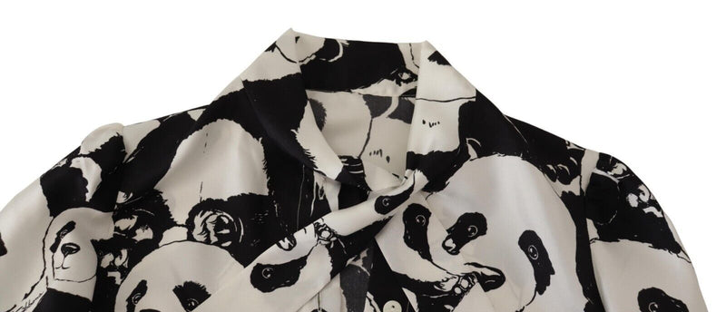 Black White Panda Print Silk Ascot Collar Top