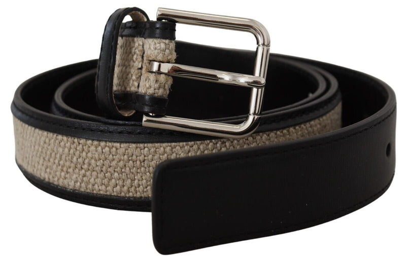 Black Beige Weaved Silver Metal Buckle Belt