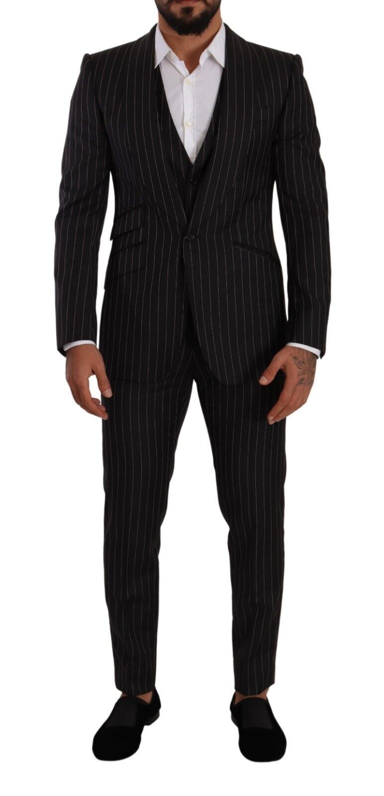 Black SICILIA Striped Wool Formal 3 Piece Suit