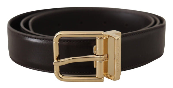 Dark Brown Leather Gold Tone Logo Metal Buckle Belt