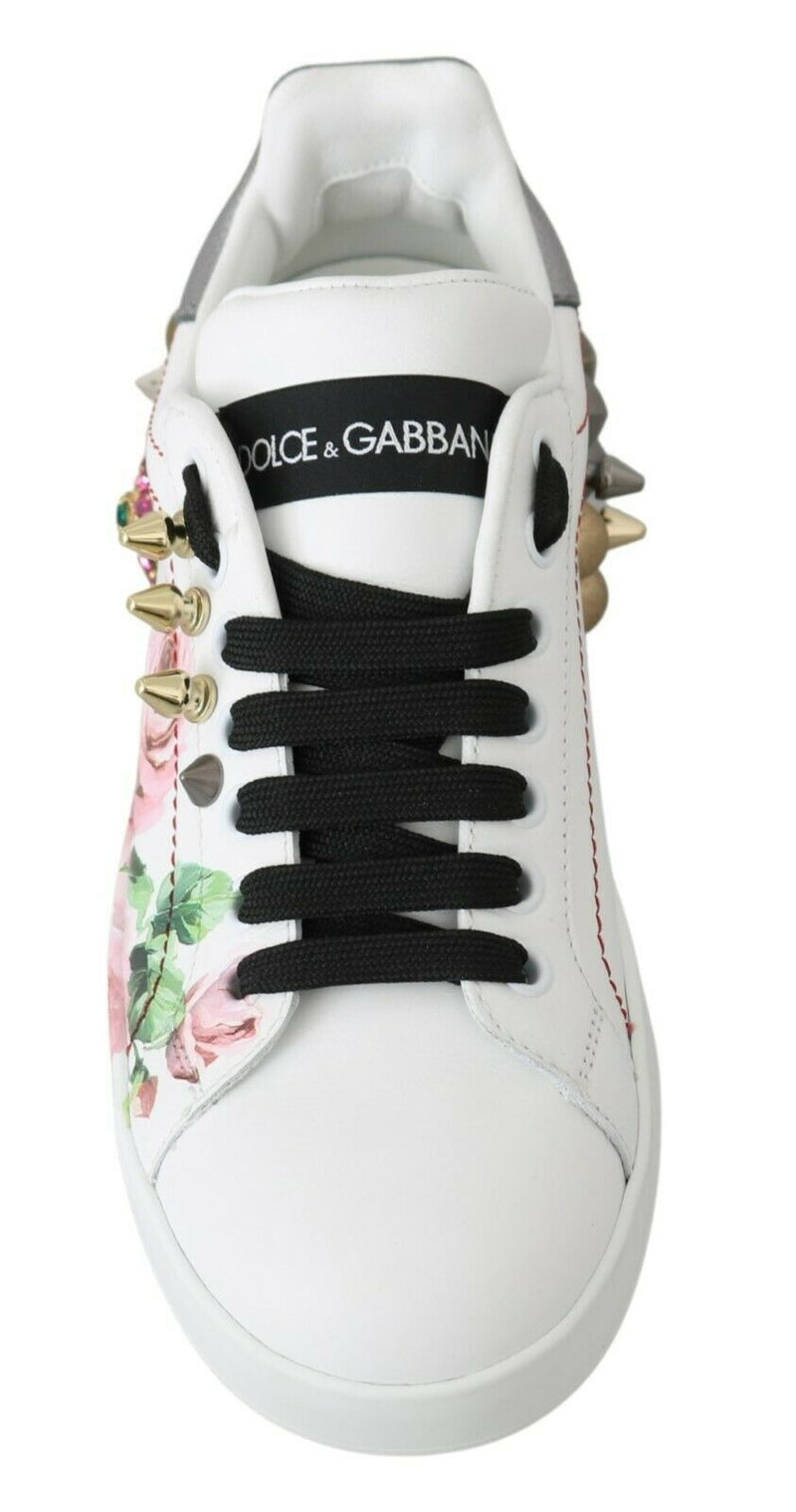 White Leather Crystal Roses Floral Sneakers Shoes