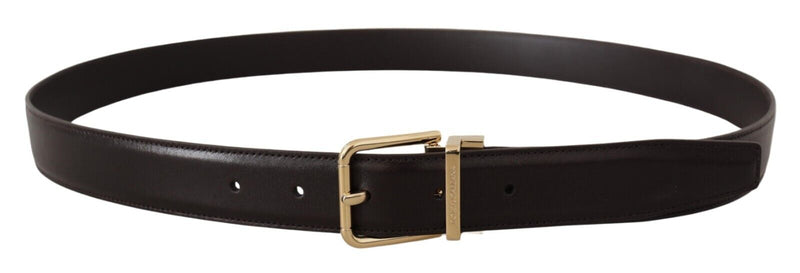 Dark Brown Leather Gold Tone Logo Metal Buckle Belt