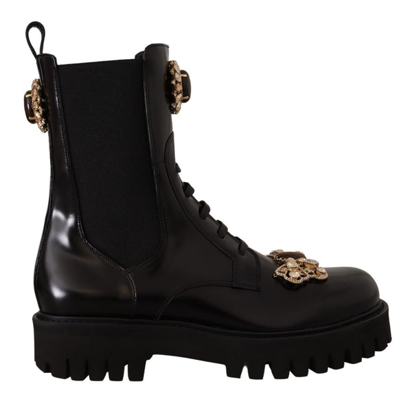 Black Leather Crystal Combat Boots Shoes