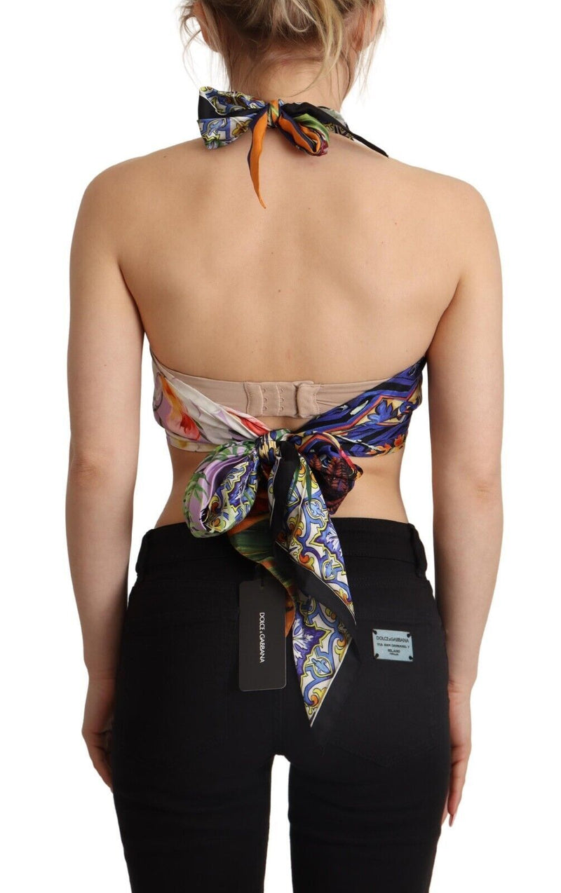 Multicolor Foulard Silk Halter Cropped Top