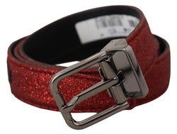 Red Glittered Leather Silver Metal Buckle Belt