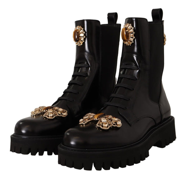 Black Leather Crystal Combat Boots Shoes