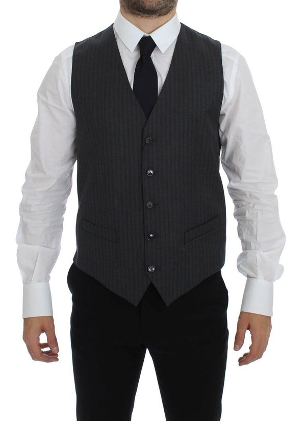 Gray Striped Wool Single Breasted Vest