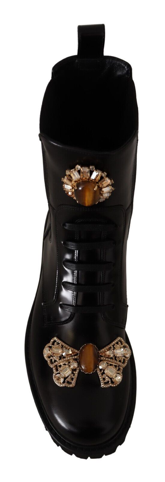 Black Leather Crystal Combat Boots Shoes