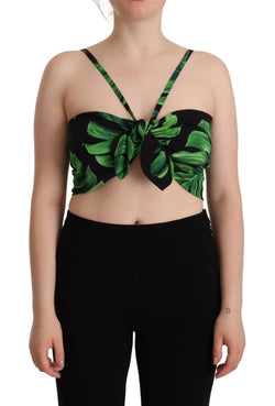 Black Green Leaf Silk Halter Cropped Top