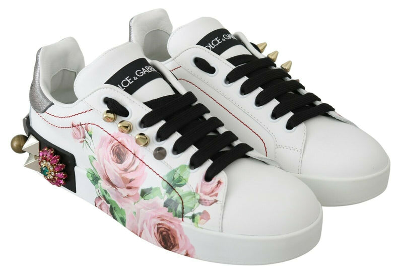 White Leather Crystal Roses Floral Sneakers Shoes