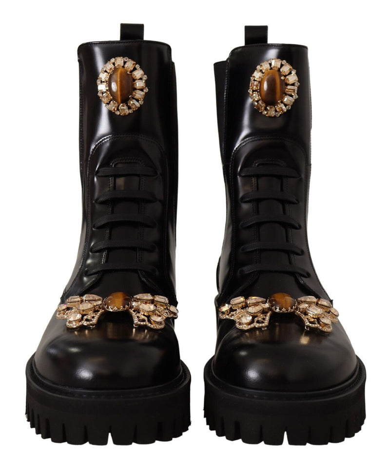 Black Leather Crystal Combat Boots Shoes