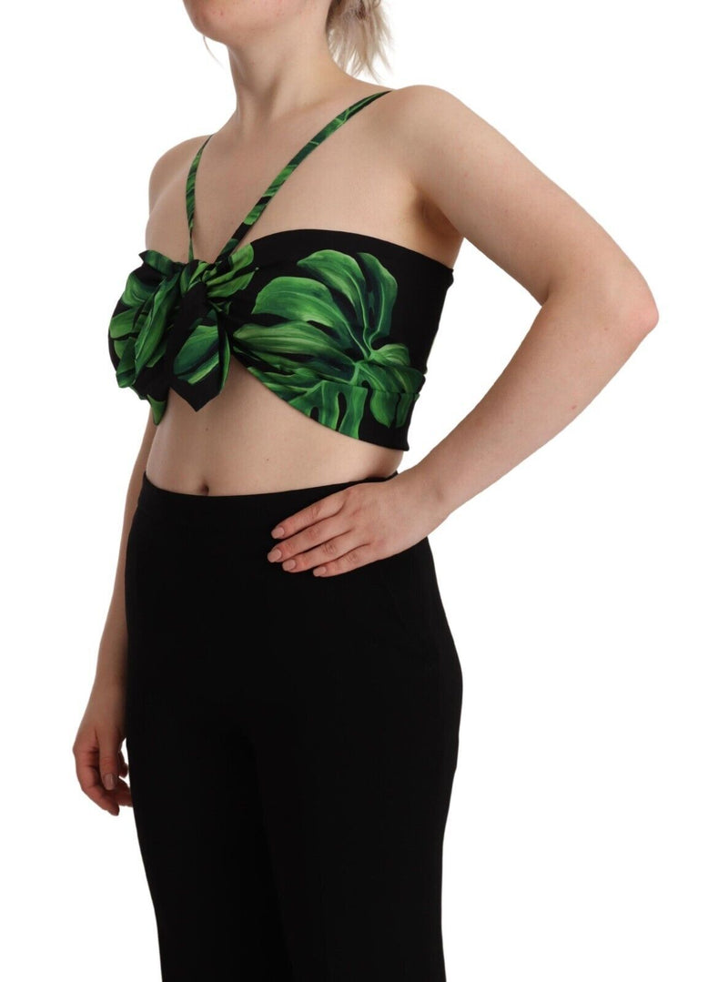 Black Green Leaf Silk Halter Cropped Top