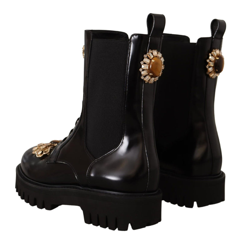 Black Leather Crystal Combat Boots Shoes