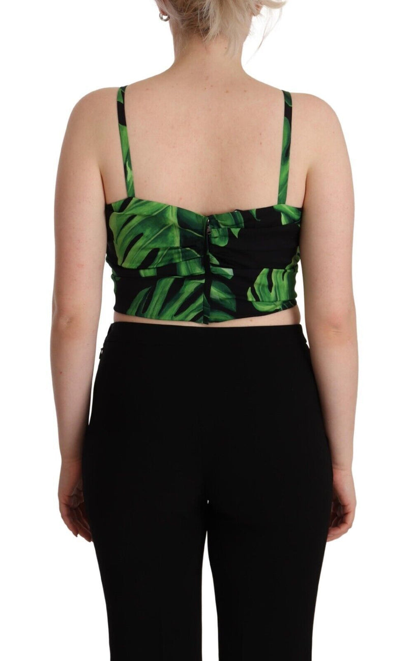 Black Green Leaf Silk Halter Cropped Top